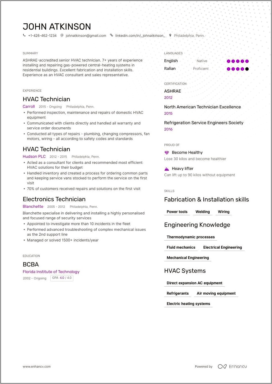 Sample Resume Of Refrigeration And Air Conditioning Technician