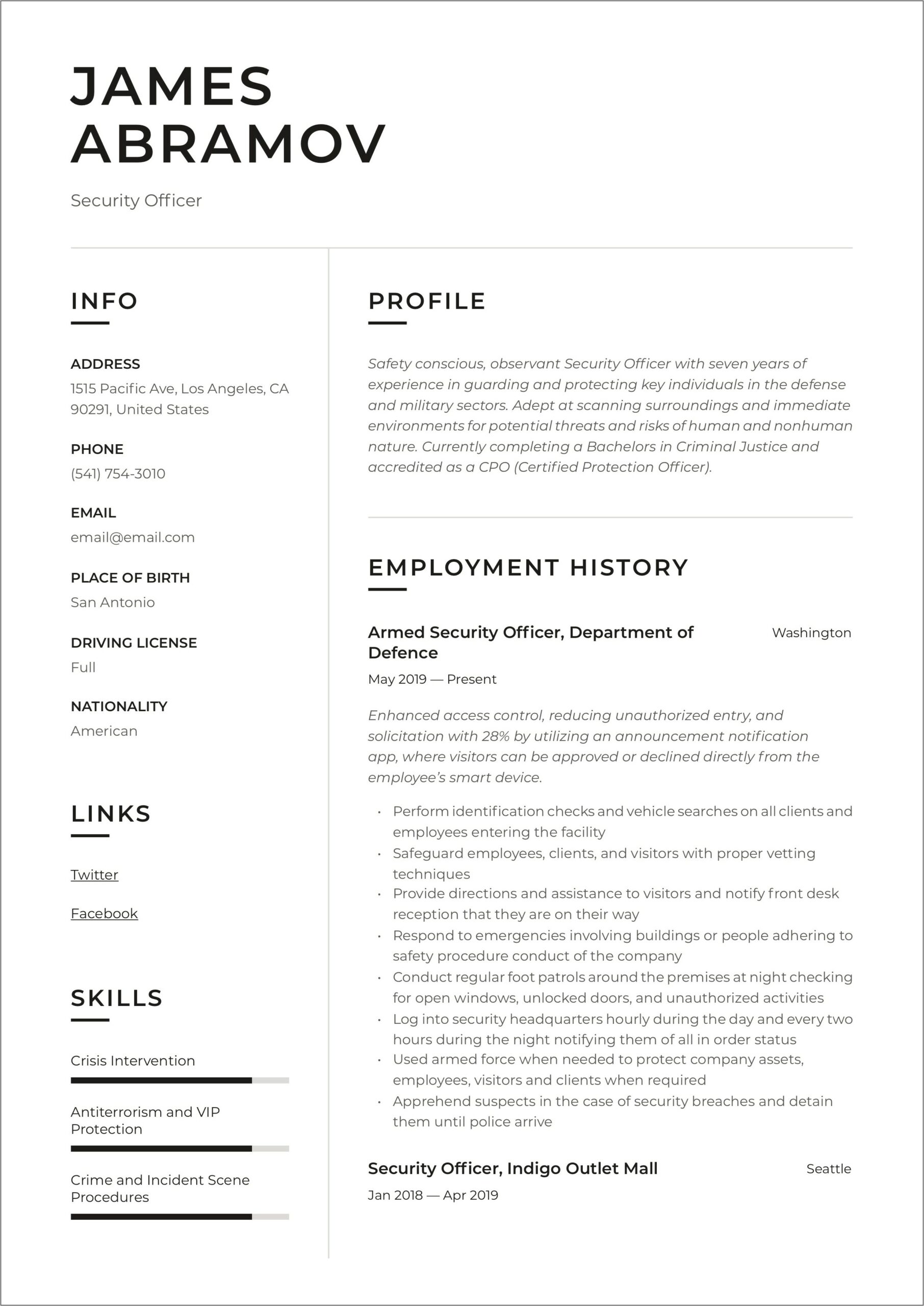 Sample Resume Of Security Guard In Canada