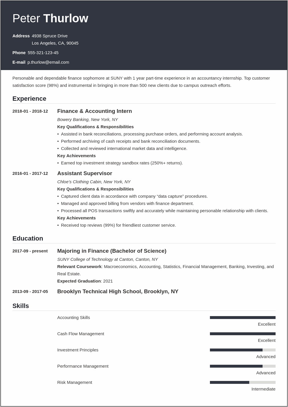 Sample Resume Of Students For Internship