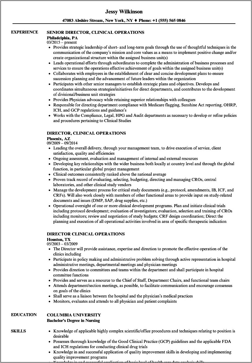 Sample Resume Of Vice President Clinical Operation