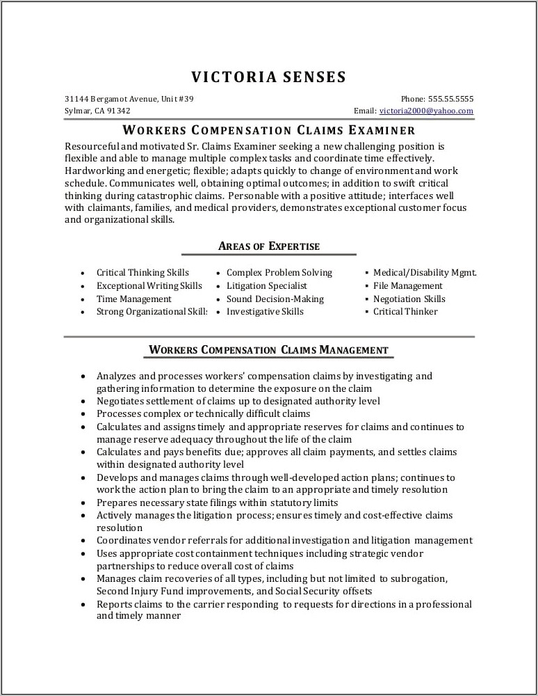 Sample Resume Of Workers Compensation Claims Examiner