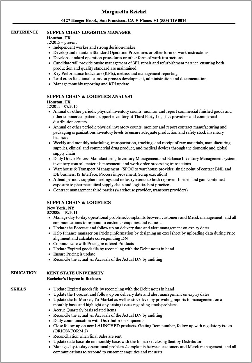 Sample Resume On Supply Chain Management
