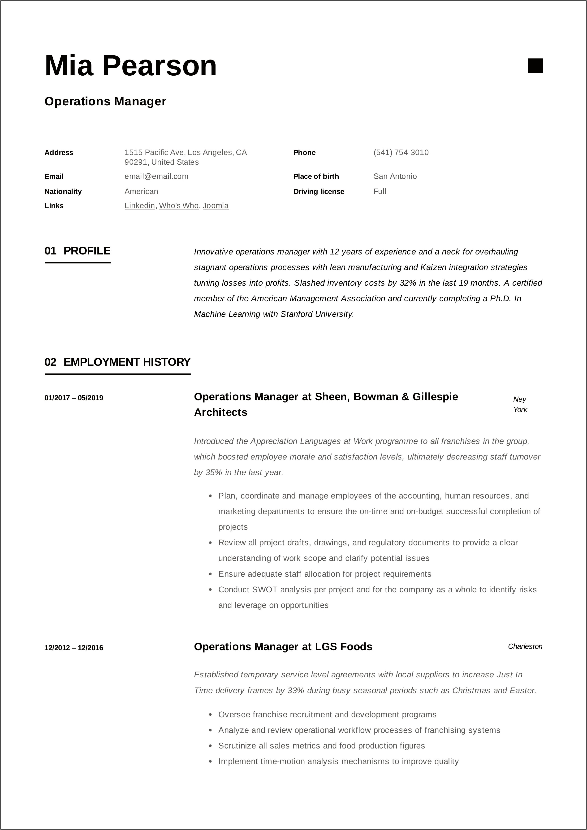 Sample Resume Operations Manager In Manufacturing