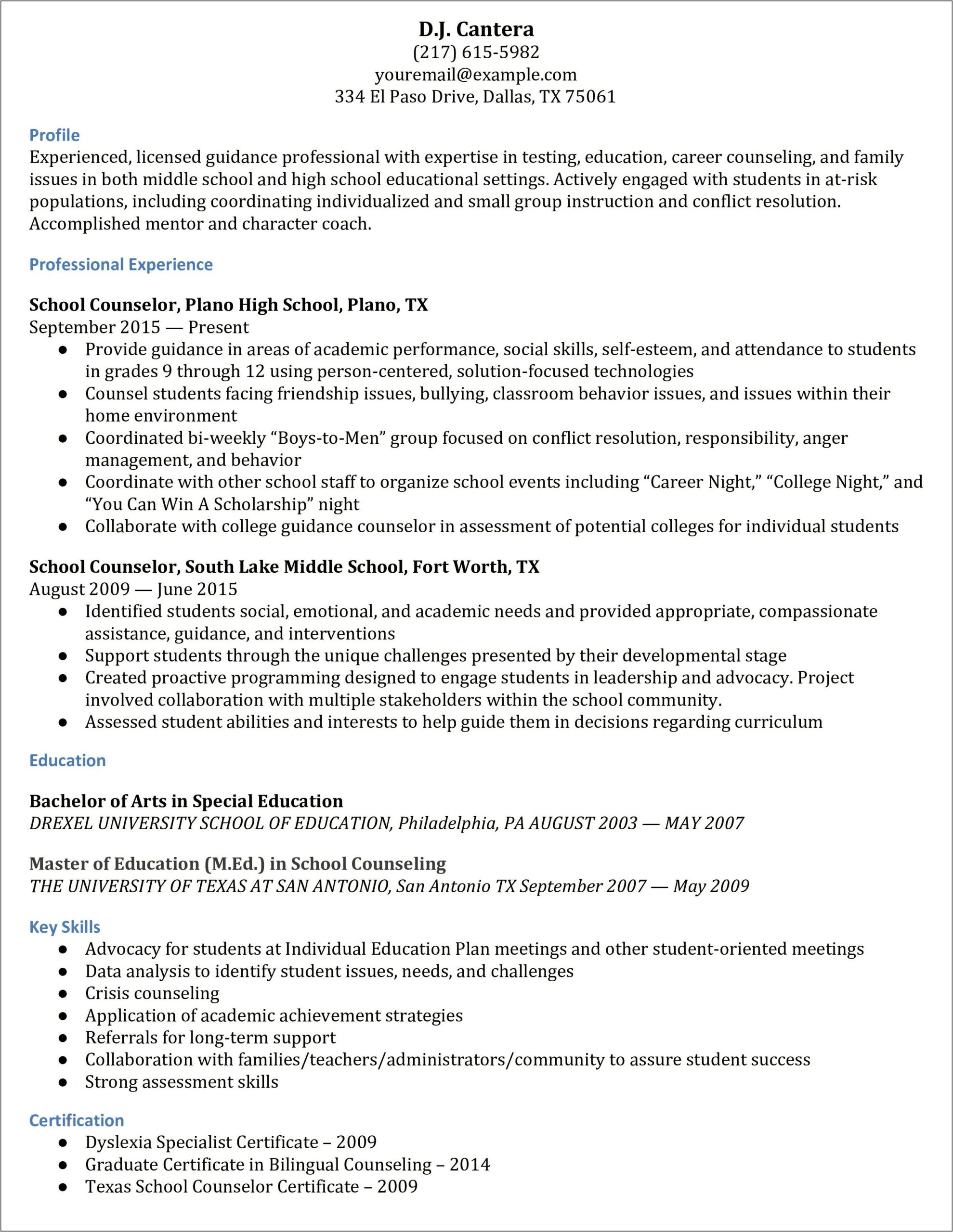 Sample Resume Outline For Counseling Position