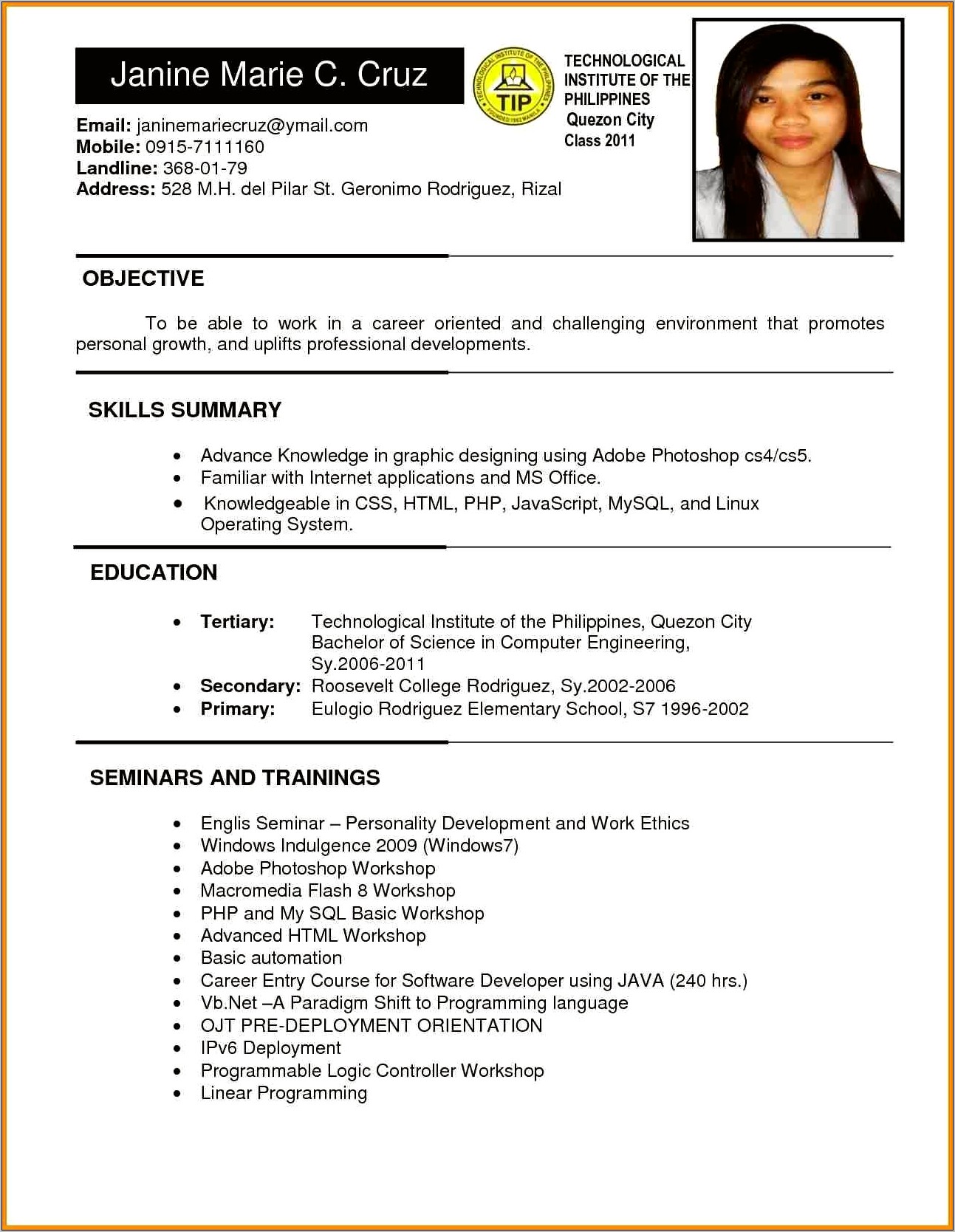 Sample Resume Philippines With Work Experience