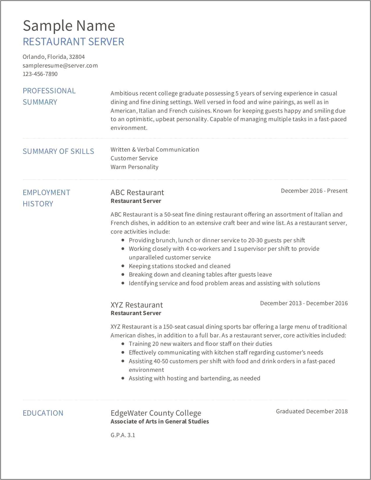 Sample Resume Restaurant Server Evaluation Form