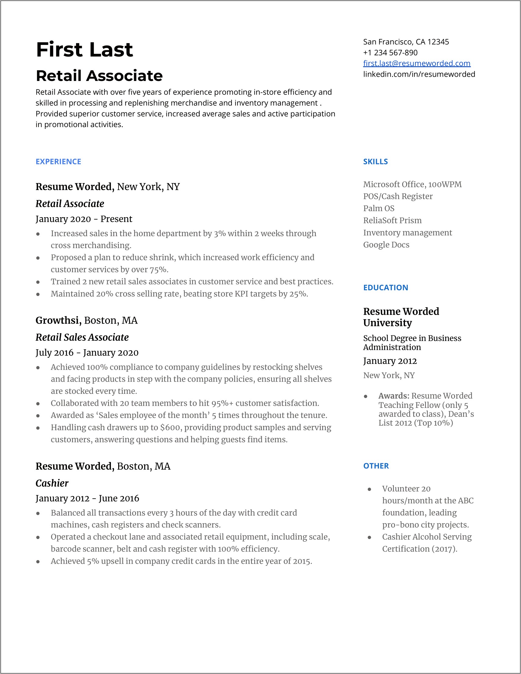 Sample Resume Retail Sales Associate Position