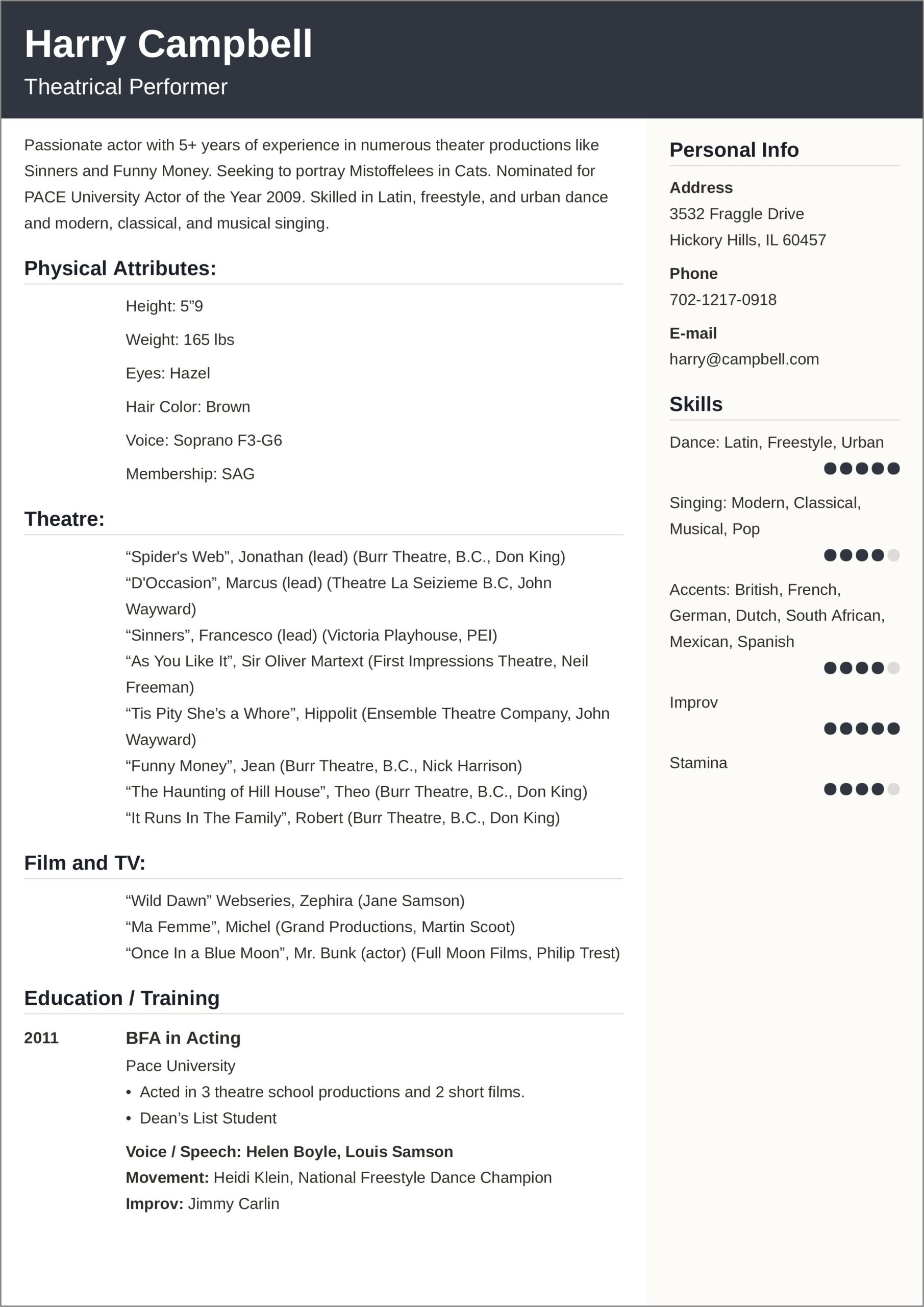 Sample Resume Right Out Of College Theatre