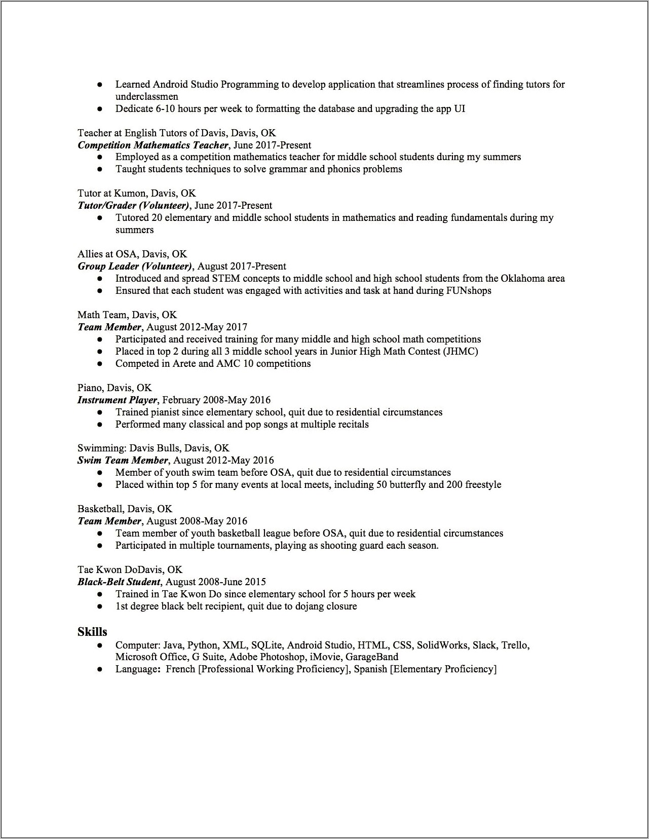 Sample Resume Right Out Of High School