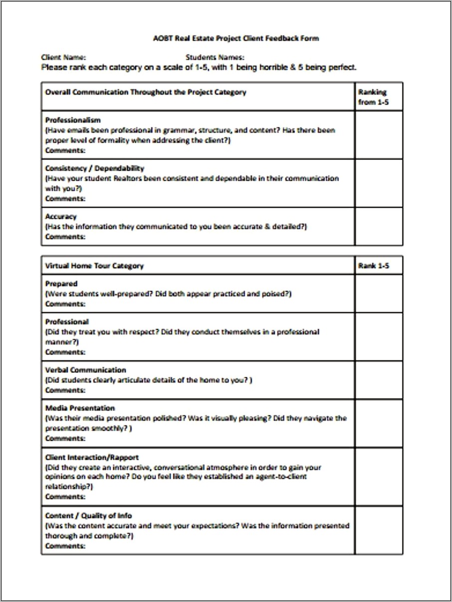 Sample Resume Students Feedback Form Template