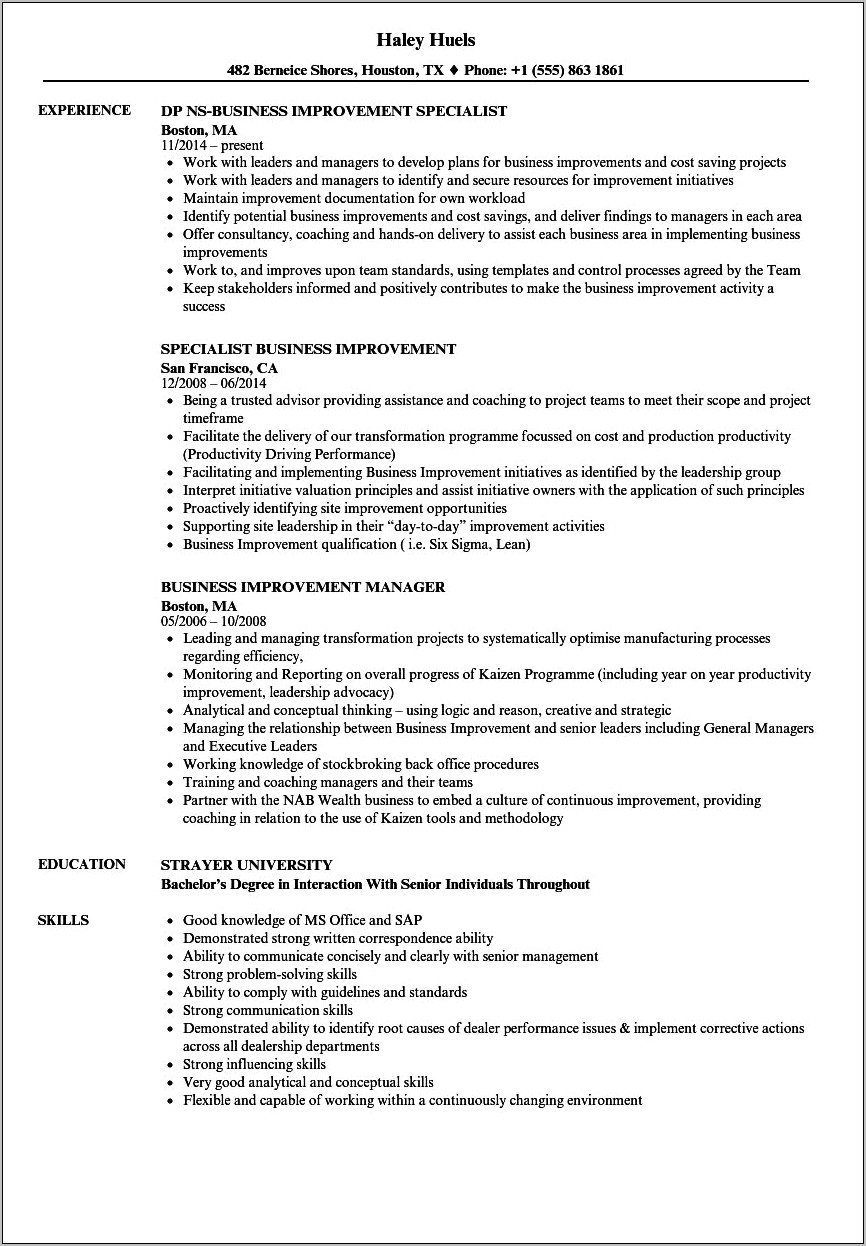 Sample Resume Suggestion For Company Improvement