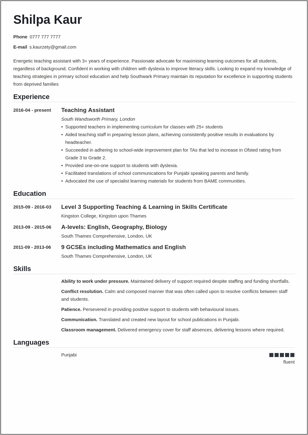 Sample Resume Teacher Assistant No Experience