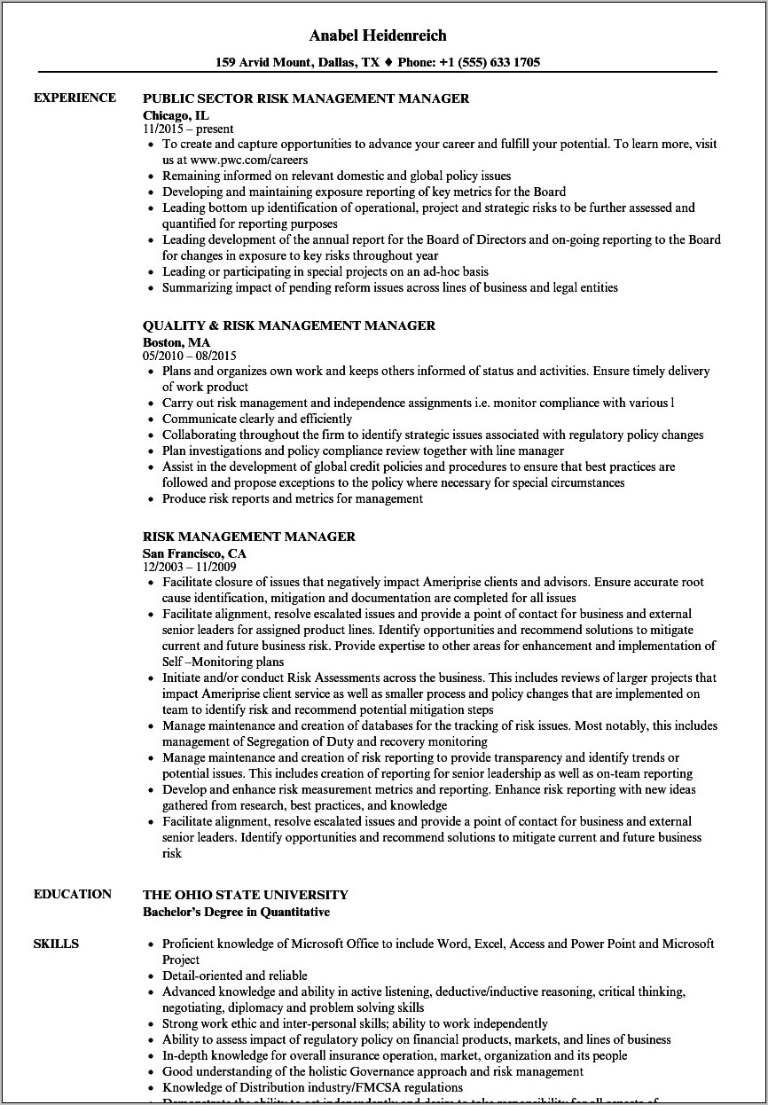 Sample Resume Template Risk Management Analyst