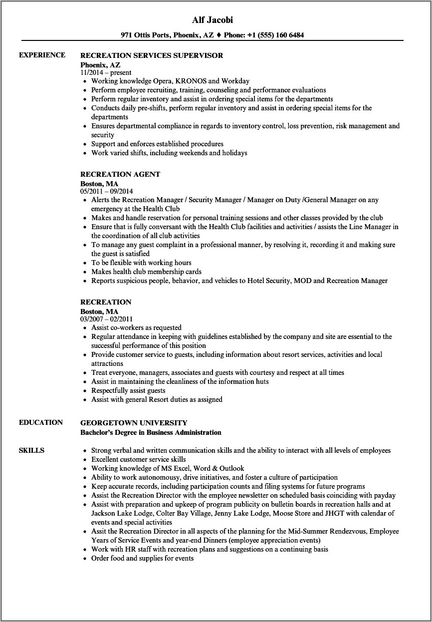Sample Resume Templates For Recreation Assistant