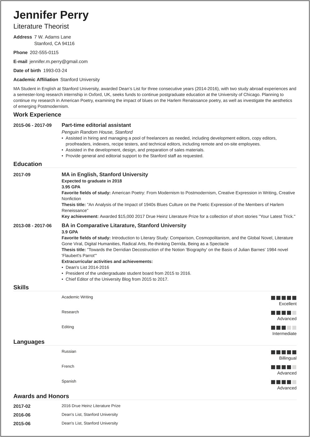 Sample Resume With Awards And Accomplishments