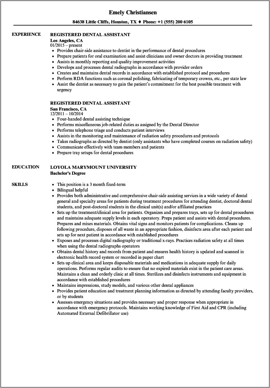 Sample Resume With Dental Assistant Externship Experience