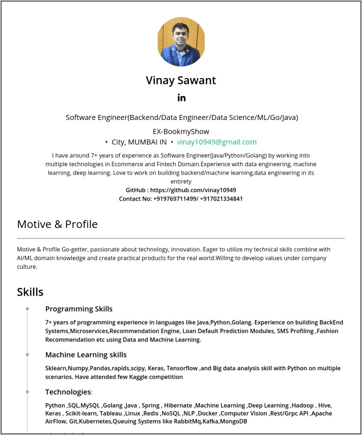 Sample Resume With Experience On Spring Boot