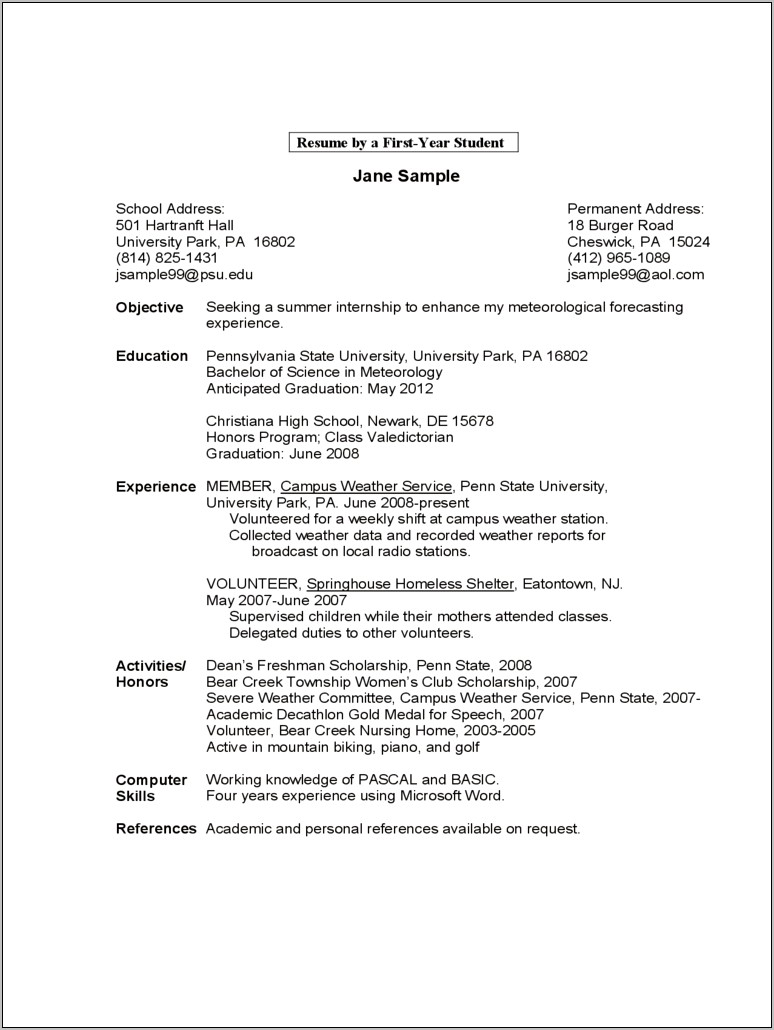 Sample Resume With High School Honors