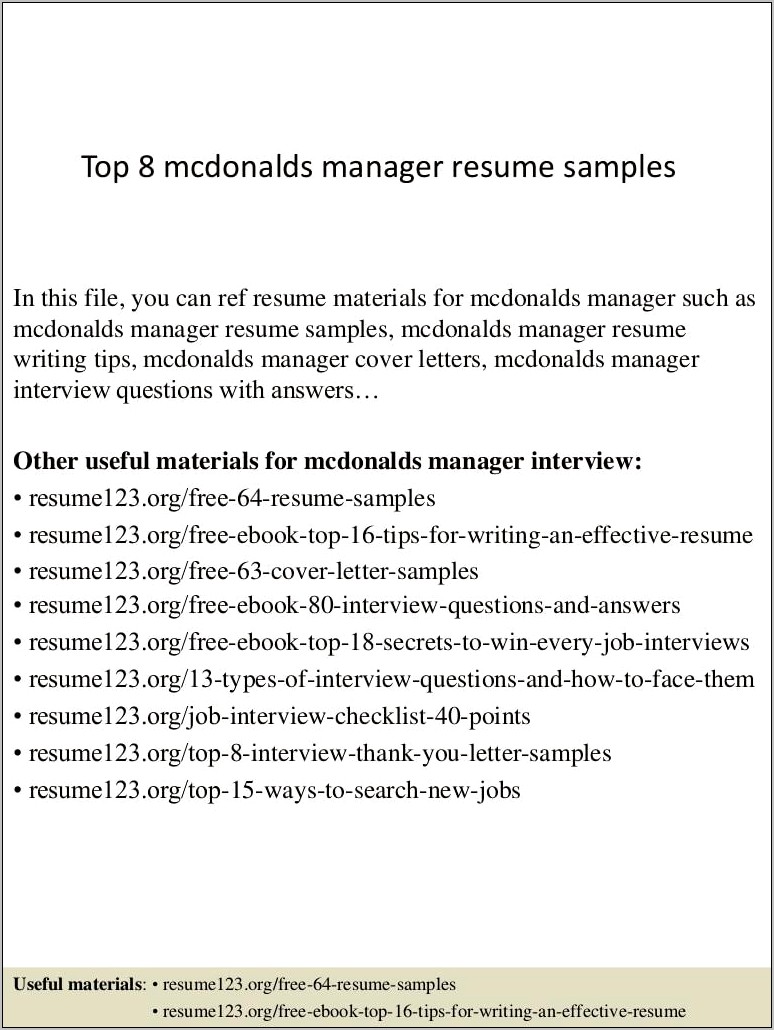 Sample Resume With Mcdonald's Experience
