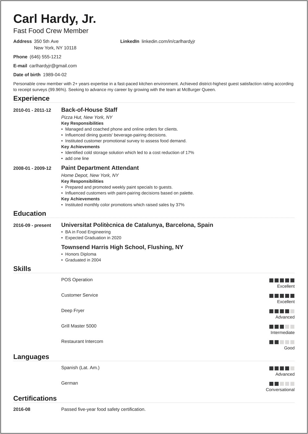 Sample Resume With No Experience From Food Job