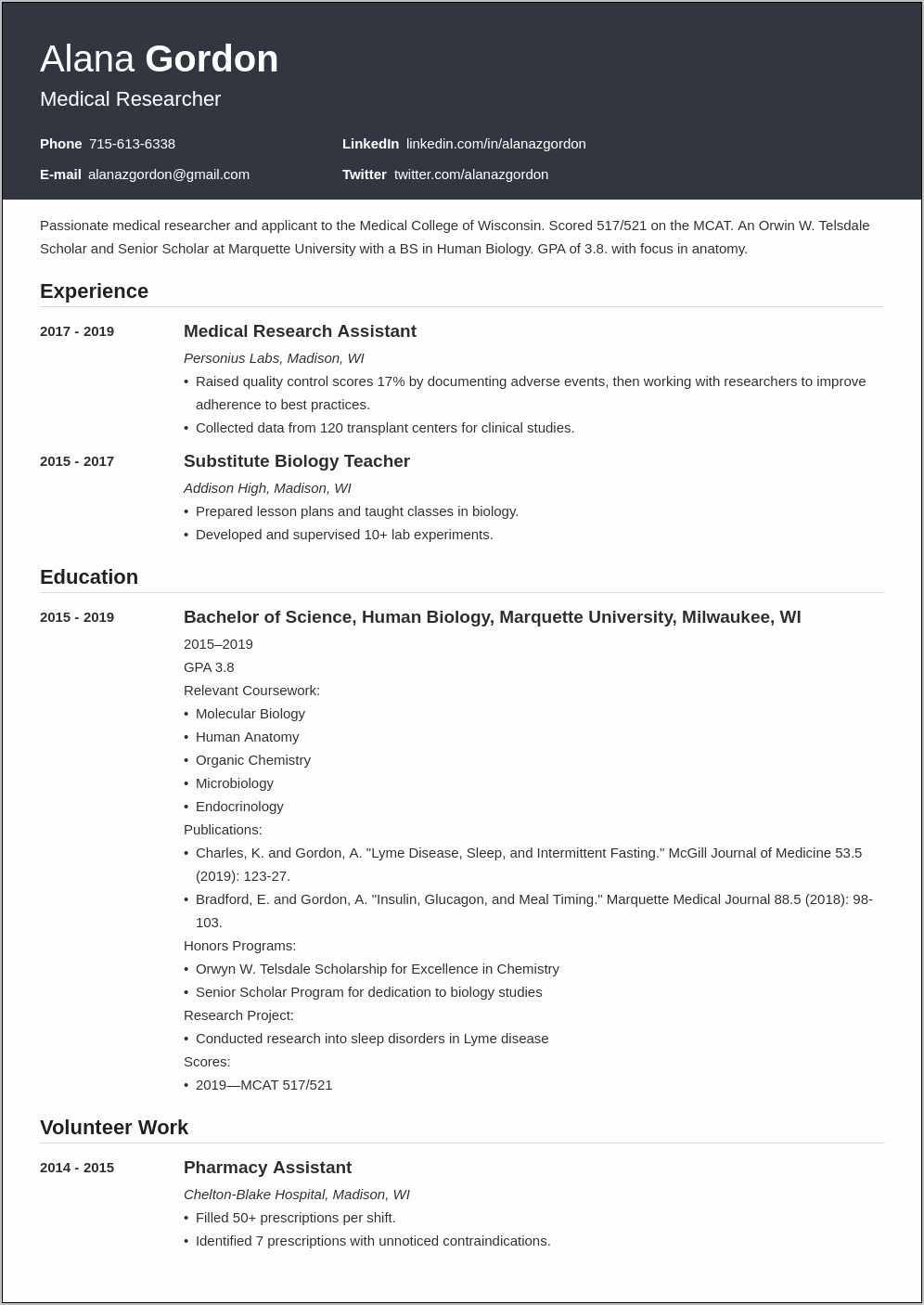 Sample Resumes For Applying To Medical School