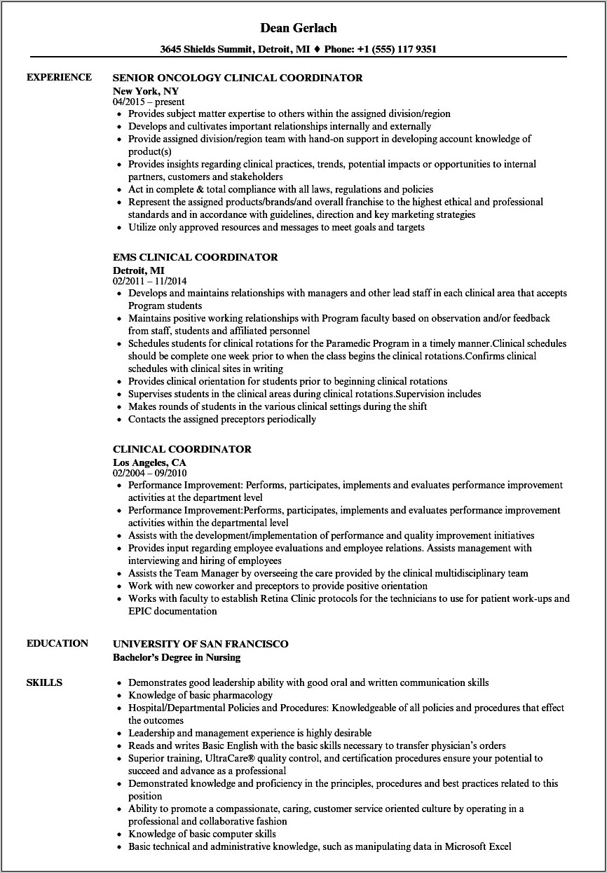 Sample Resumes For Clinical Research Coordinator
