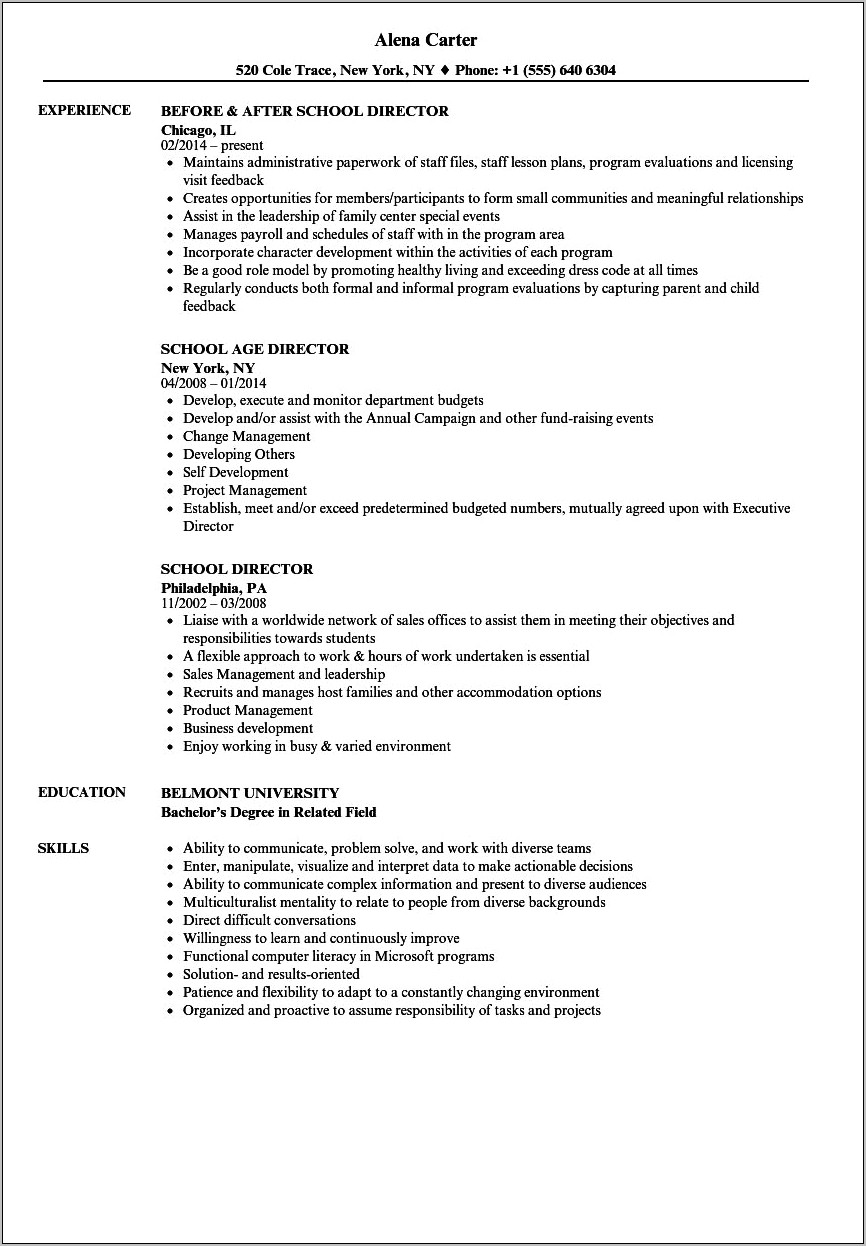 Sample Resumes For Director Of Education