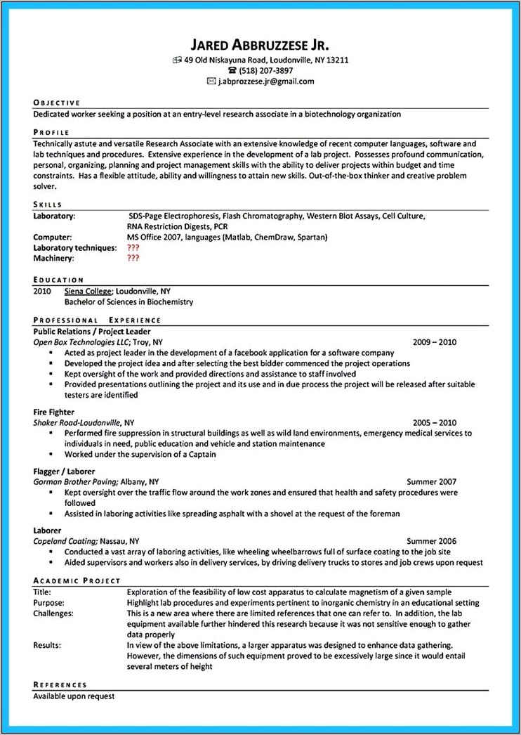Sample Resumes For Entry Level Biochemists