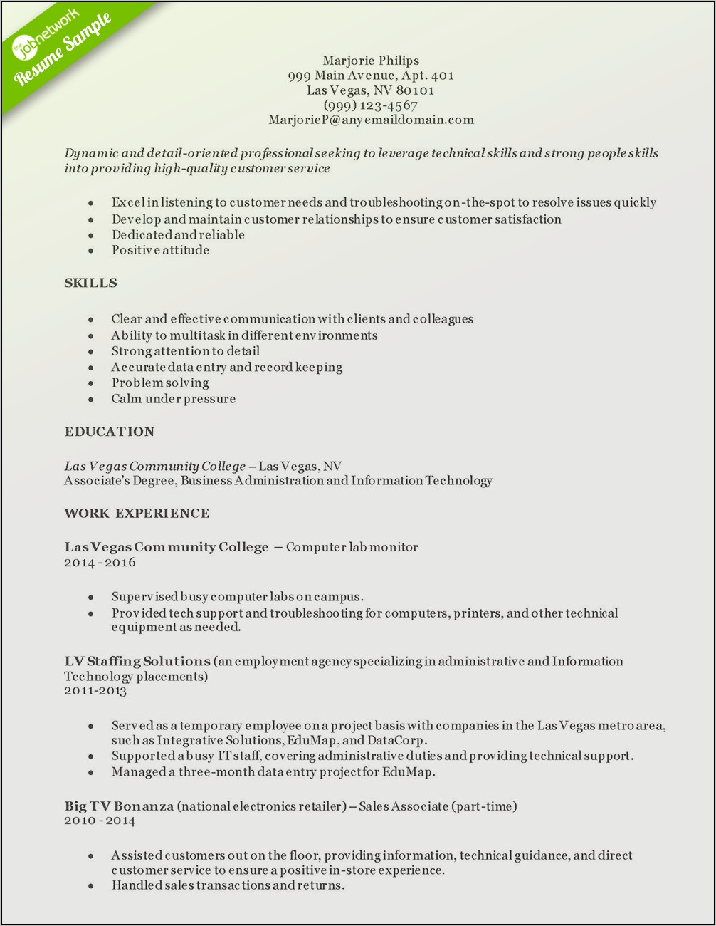 Sample Resumes For Entry Level Customer Service Positions