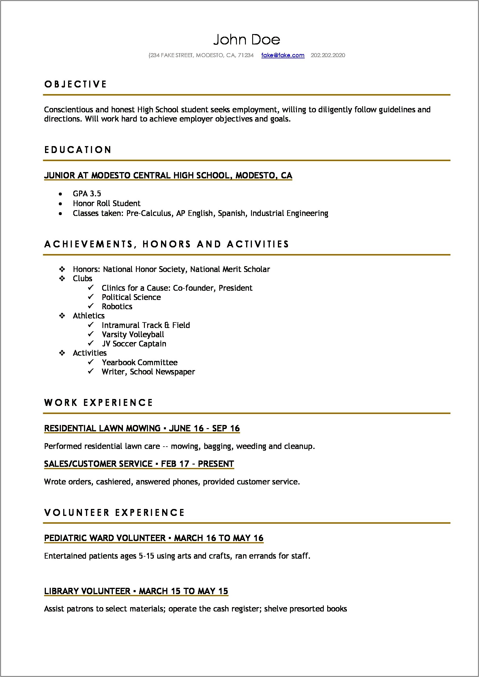 Sample Resumes For Highschool Students Entering College