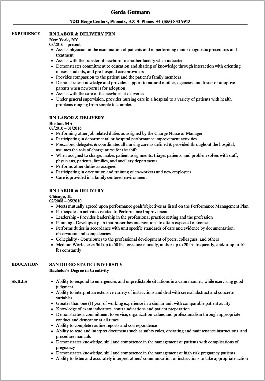 Sample Resumes For Labor And Delivery Nurse