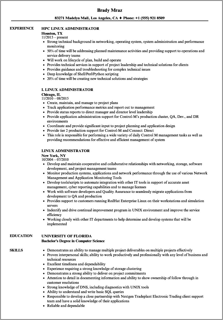 Sample Resumes For Linux System Administrator