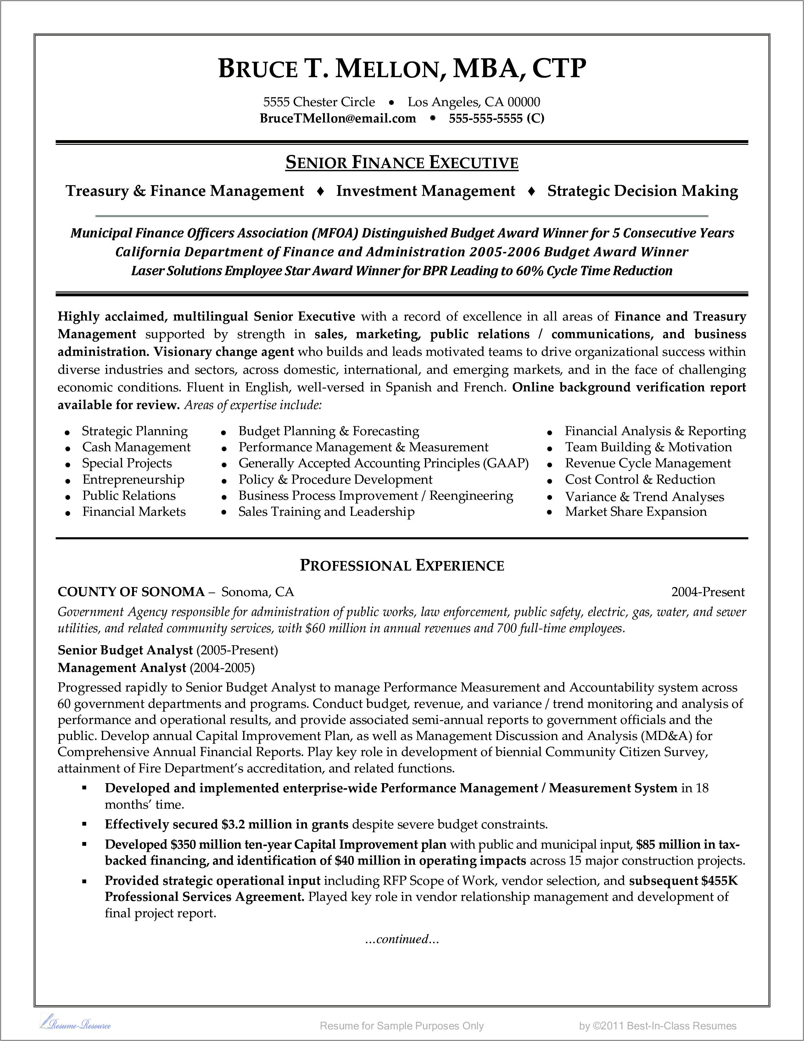 Sample Resumes For Managers And Executives