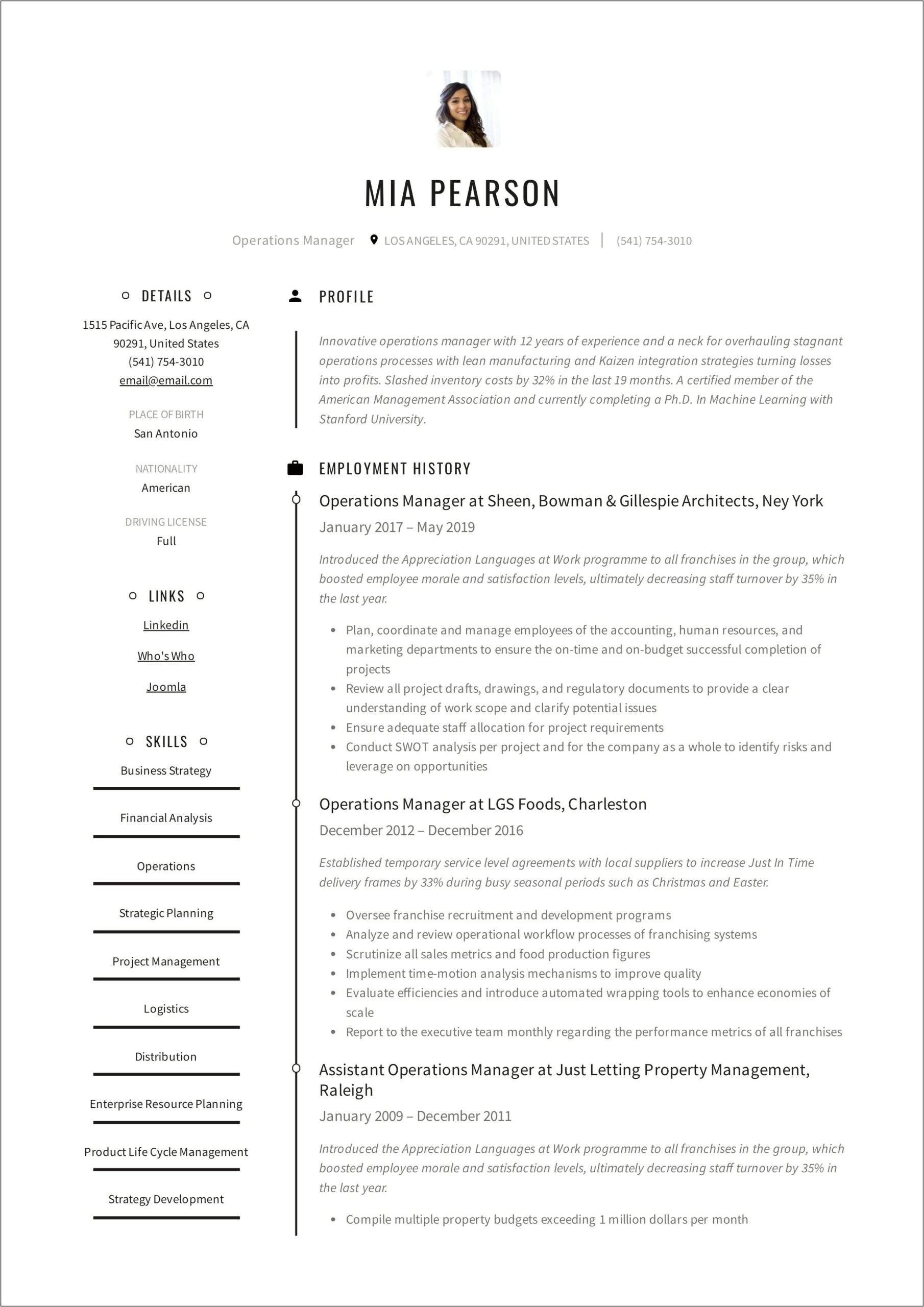 Sample Resumes For Operations Managers Facility Management
