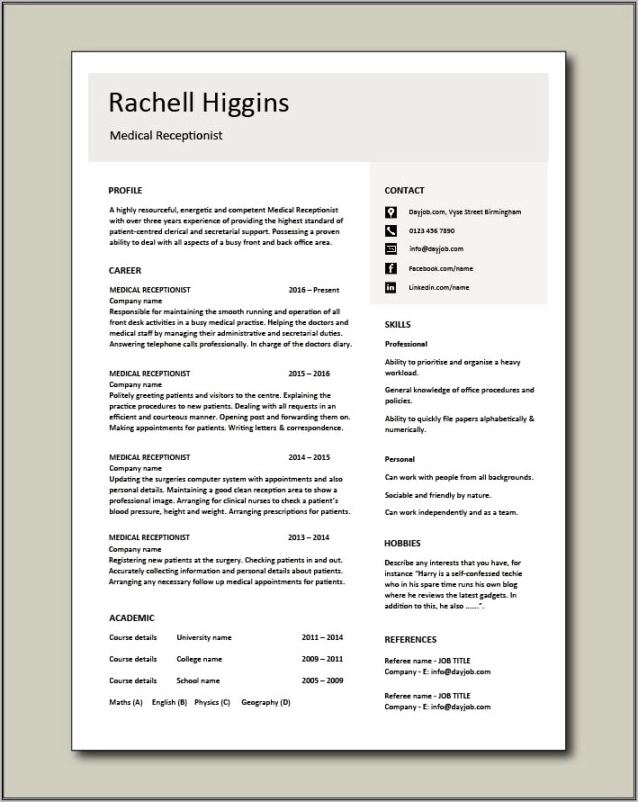 Sample Resumes For Receptionist In Doctors Office