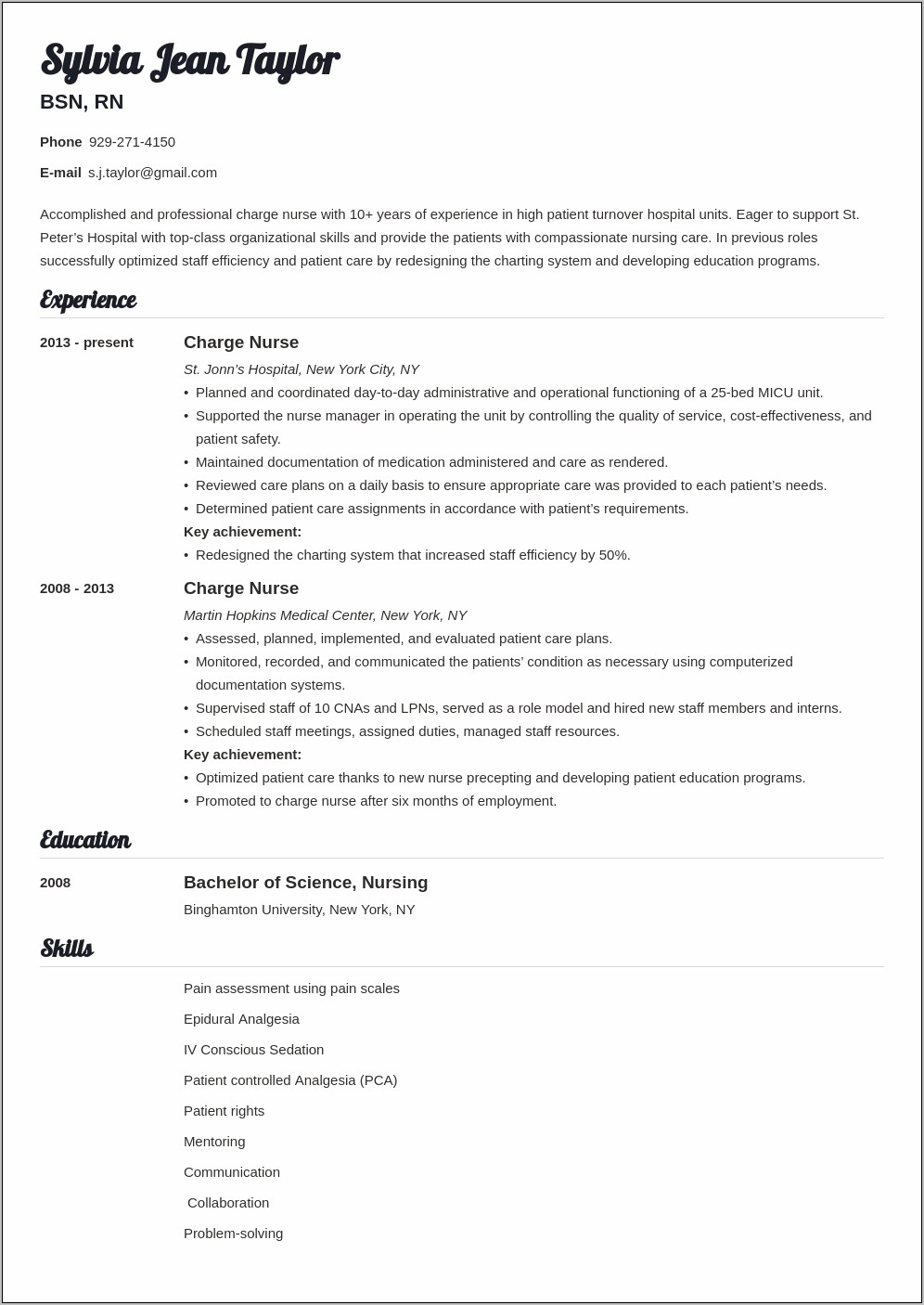 Sample Rn Resume 1 Year Experience Charge Nurse