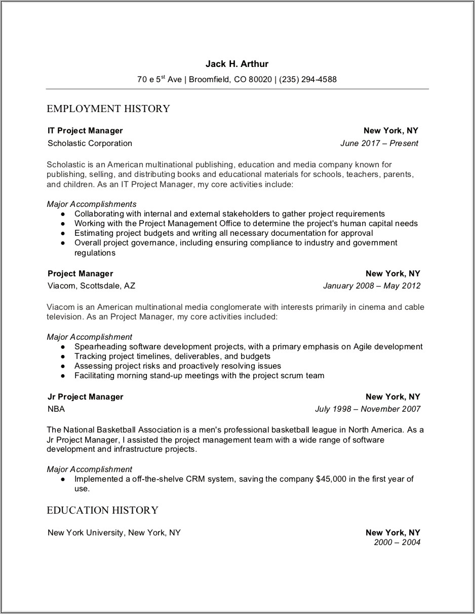 Sample Sales Force Project Manager Resume