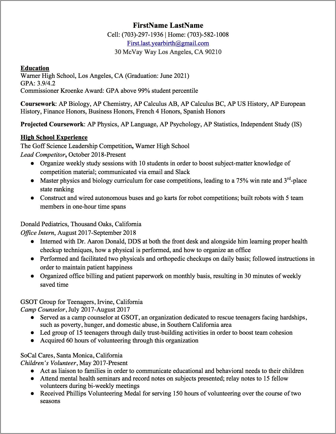 Sample School Resume For High School Applications