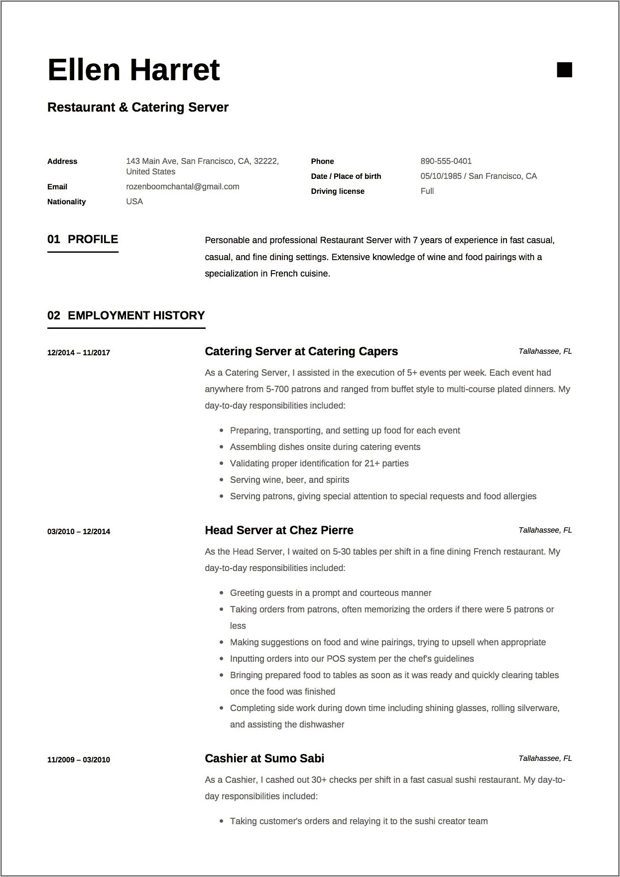 Sample Simple Resume For Catering Services