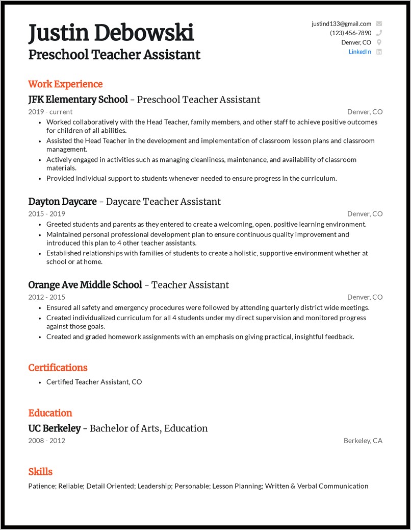 Sample Skils For Teacher's Assistant Resume