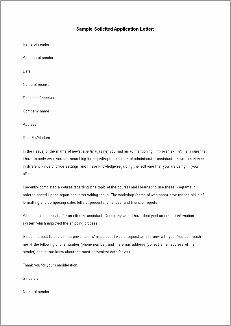 Sample Solicited Cover Letter For Resume