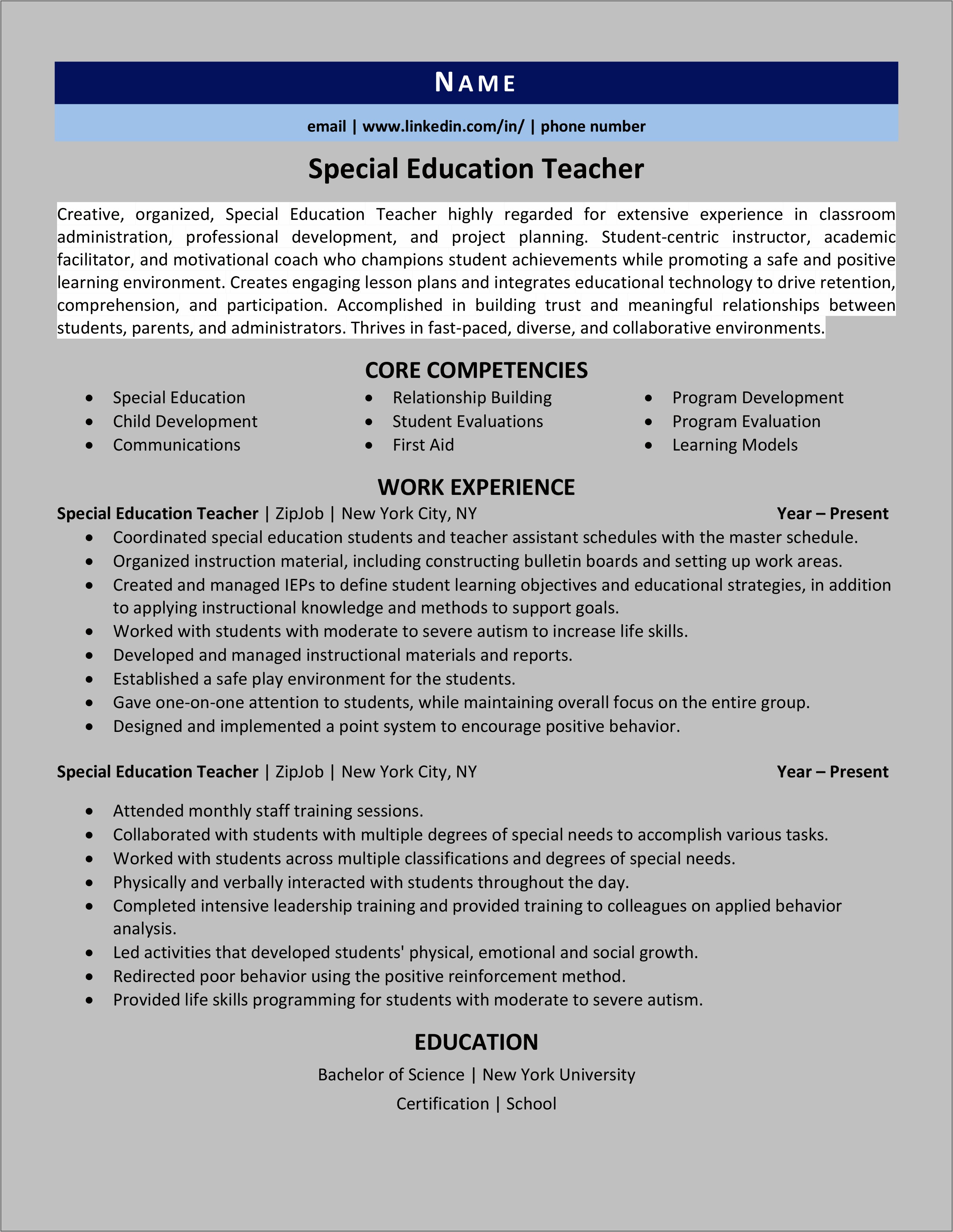 Sample Special Education Teacher Assistant Resume