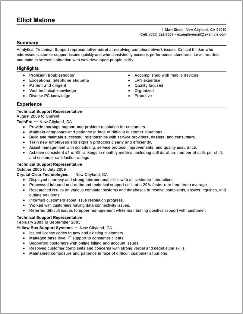 Samples Of A Technical Customer Service Resume