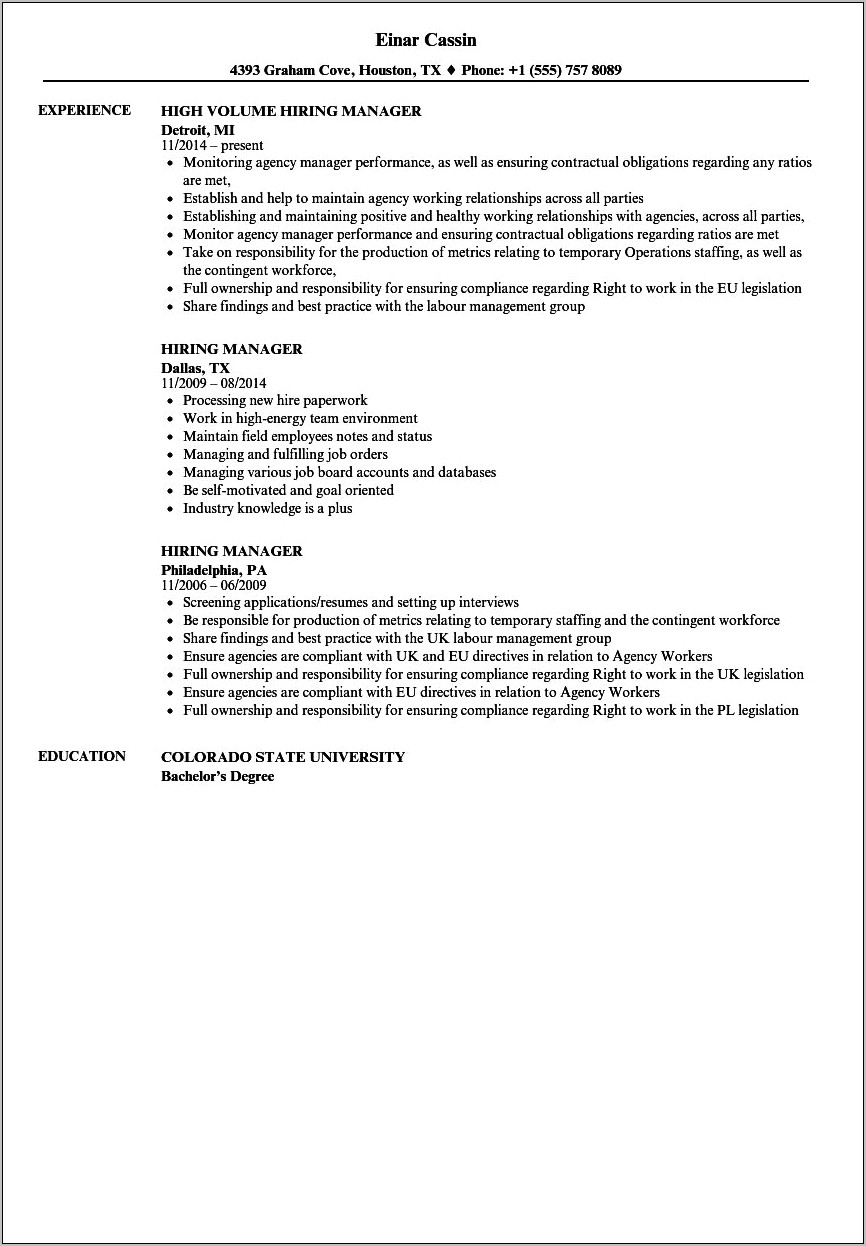 Samples Of An Resume For Job In Management