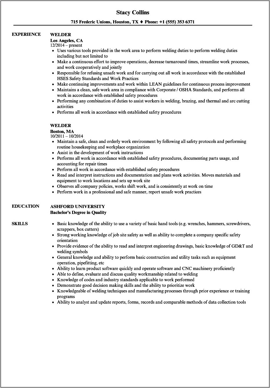 Samples Of Entry Level Welding Resumes