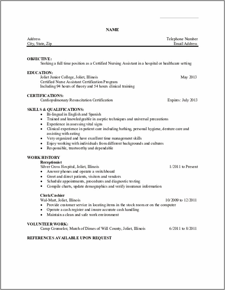 Samples Of Resume For A Cna