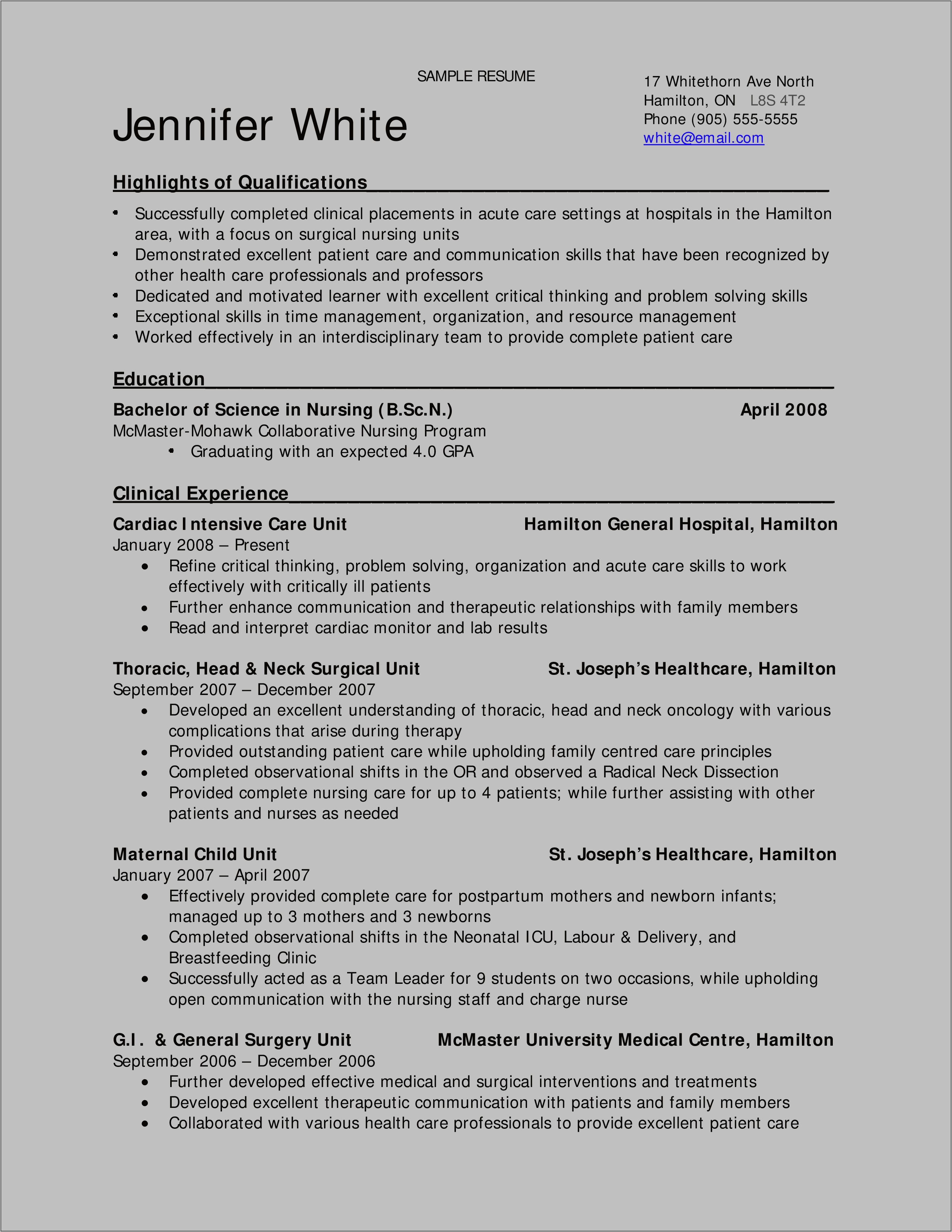 Samples Of Resume For A Health Care Professional