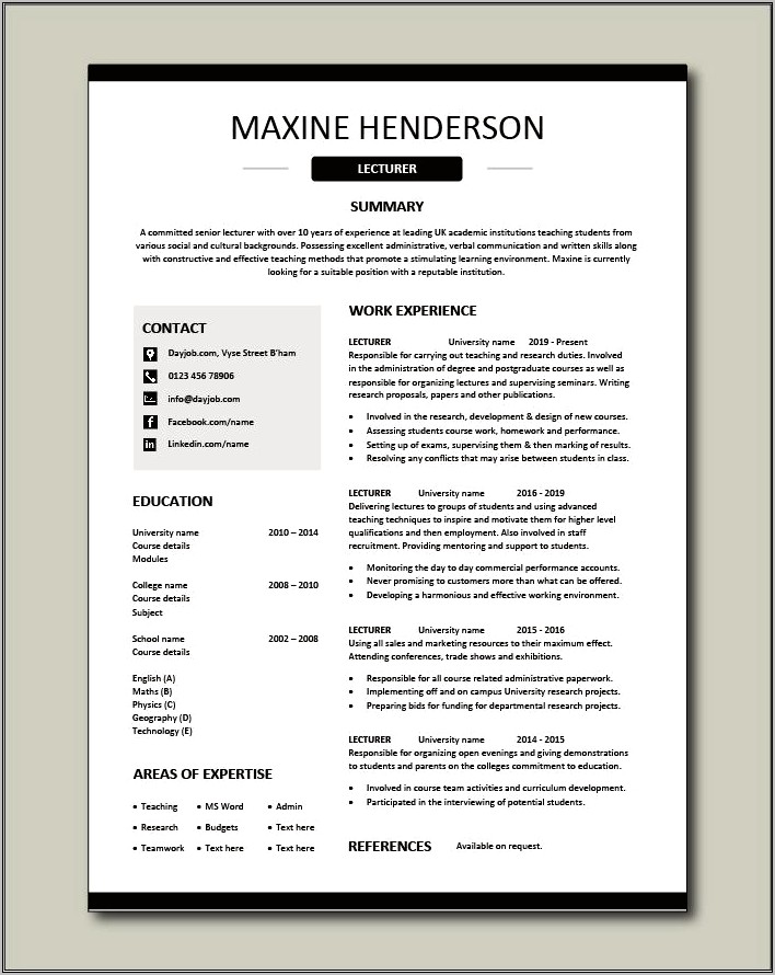 Samples Of Resume Objective For College Professor