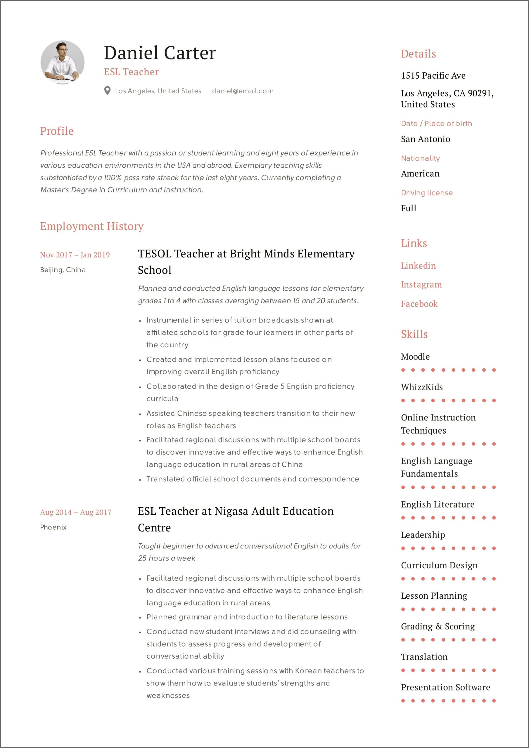 Samples Of Resumes For English Teachers