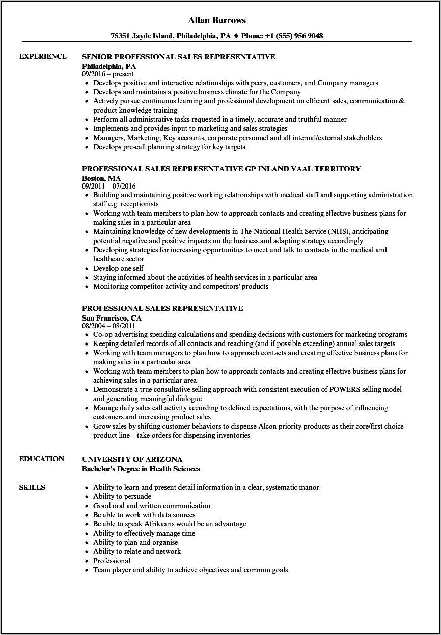 Samples Of Sales Rep With Gione Resume